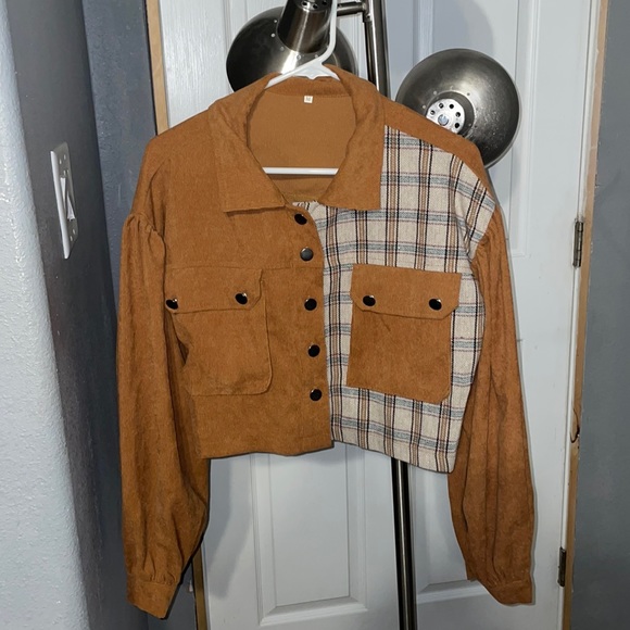 🚨2 for $15 🚨 Spliced Plaid Flap Pocket Crop Cord Jacket - Picture 1 of 2